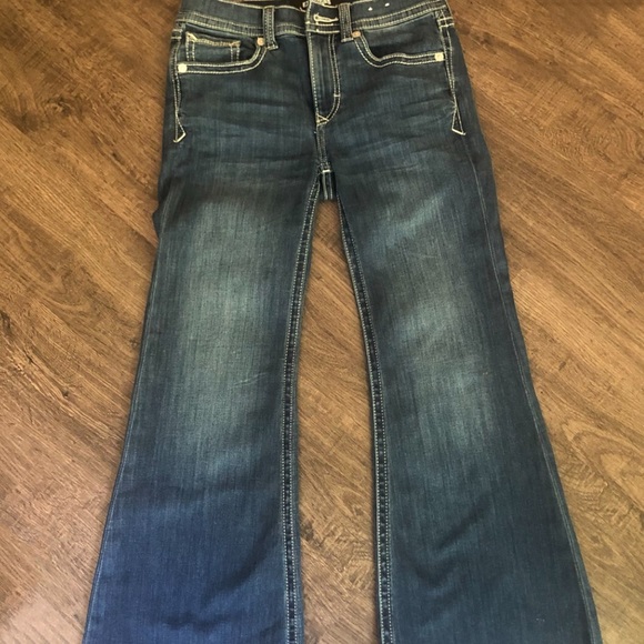🎉HOST PICK🎉 EXPRESS | BELL FLARE MID RISE DARK WASH JEANS SZ 4 SHORT - Picture 3 of 10